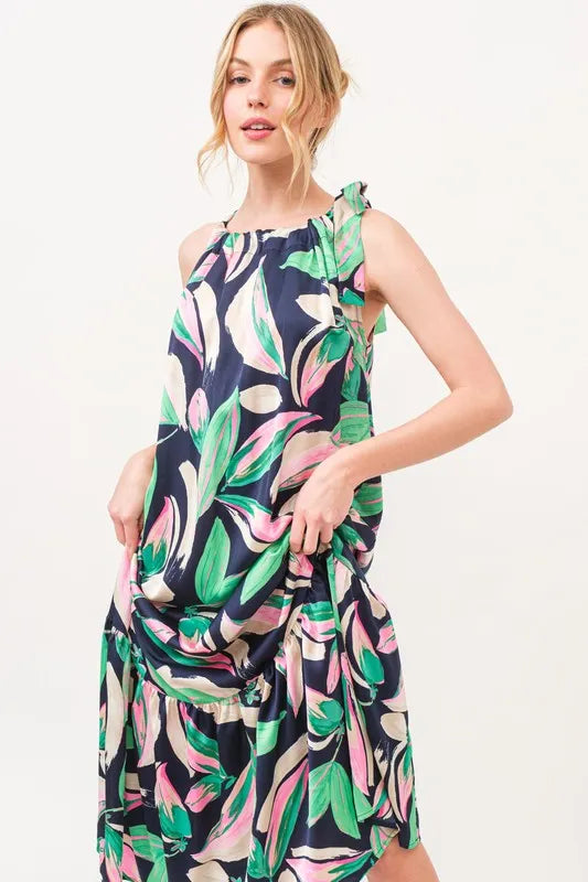 And The Why Botanical Printed Halterneck Tiered Maxi Dress.