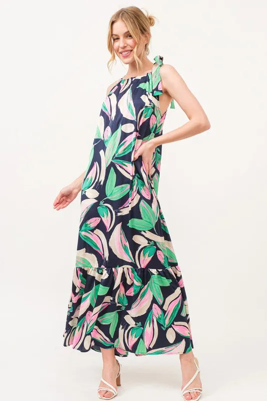 And The Why Botanical Printed Halterneck Tiered Maxi Dress.