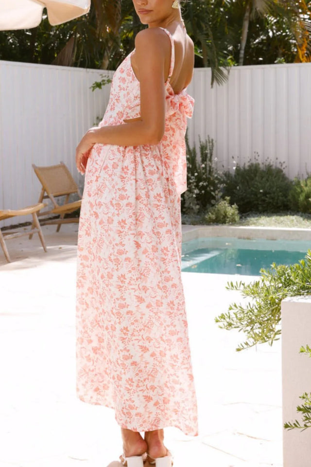 Bow Back Printed V-Neck Cami Dress with Ruched Detail.