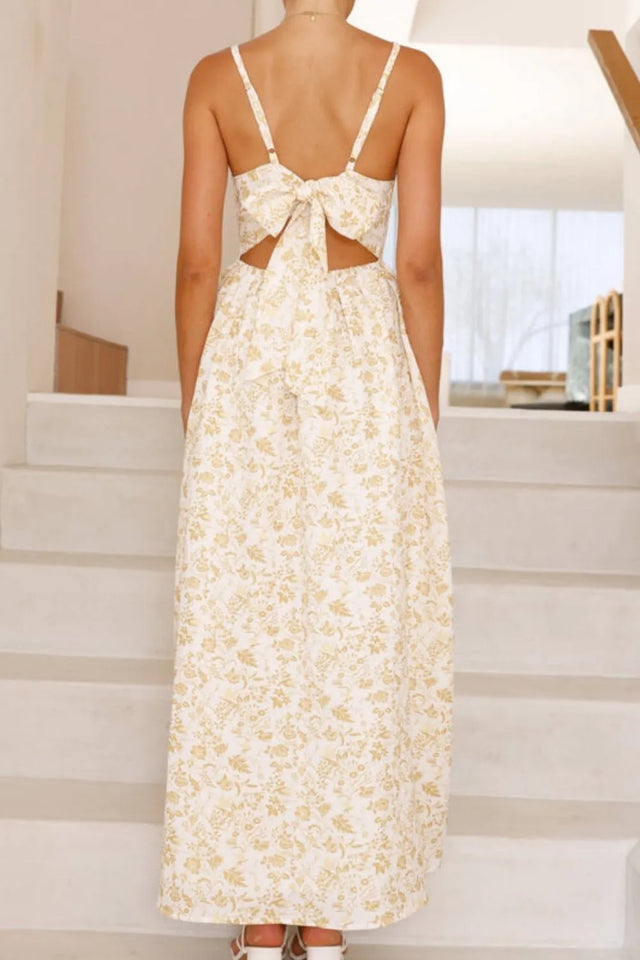 Bow Back Printed V-Neck Cami Dress with Ruched Detail.