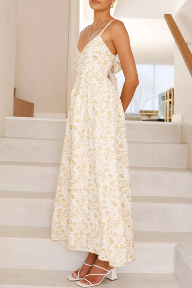 Bow Back Printed V-Neck Cami Dress with Ruched Detail.