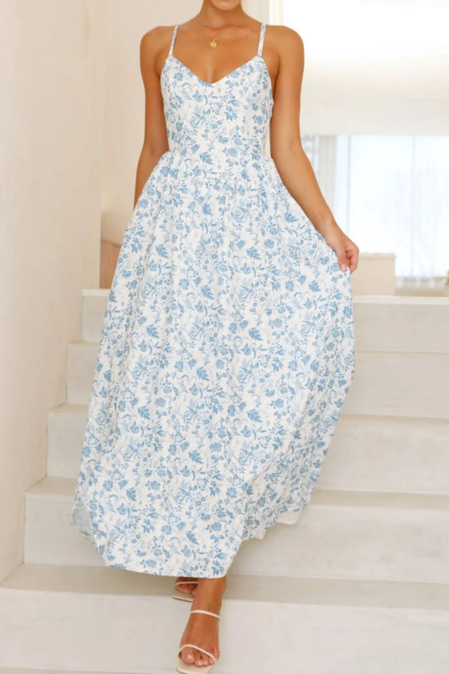 Bow Back Printed V-Neck Cami Dress with Ruched Detail.