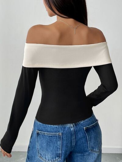 Perfee bow contrast off-shoulder long sleeve top.