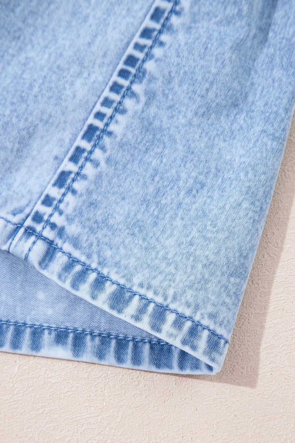 Bow Detail Spaghetti Straps Ruffle Hem Denim Dress.