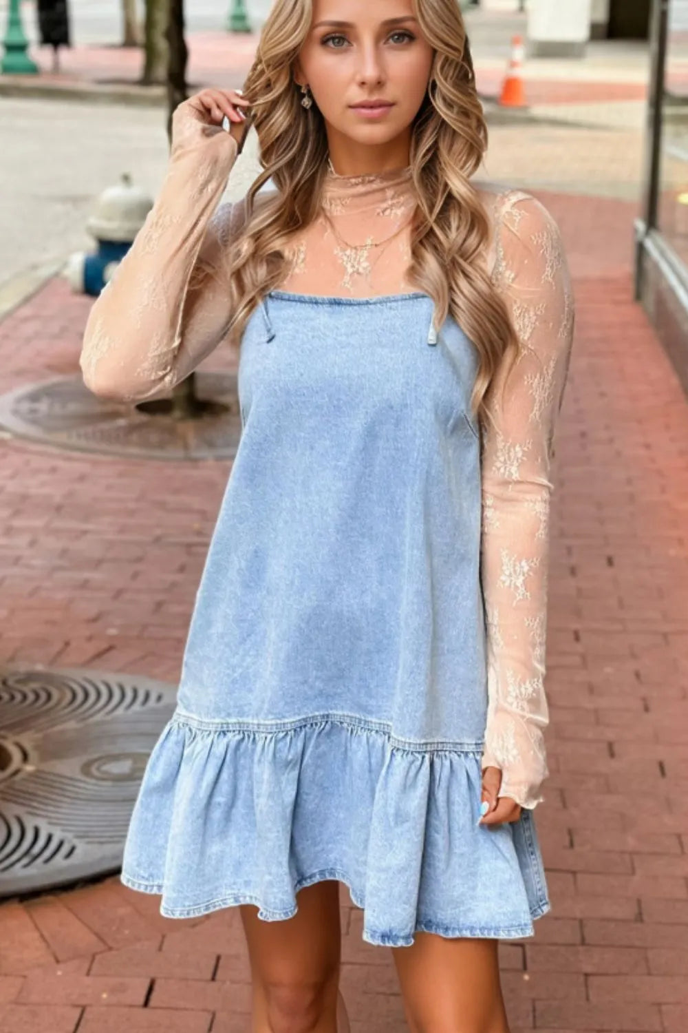 Bow Detail Spaghetti Straps Ruffle Hem Denim Dress.