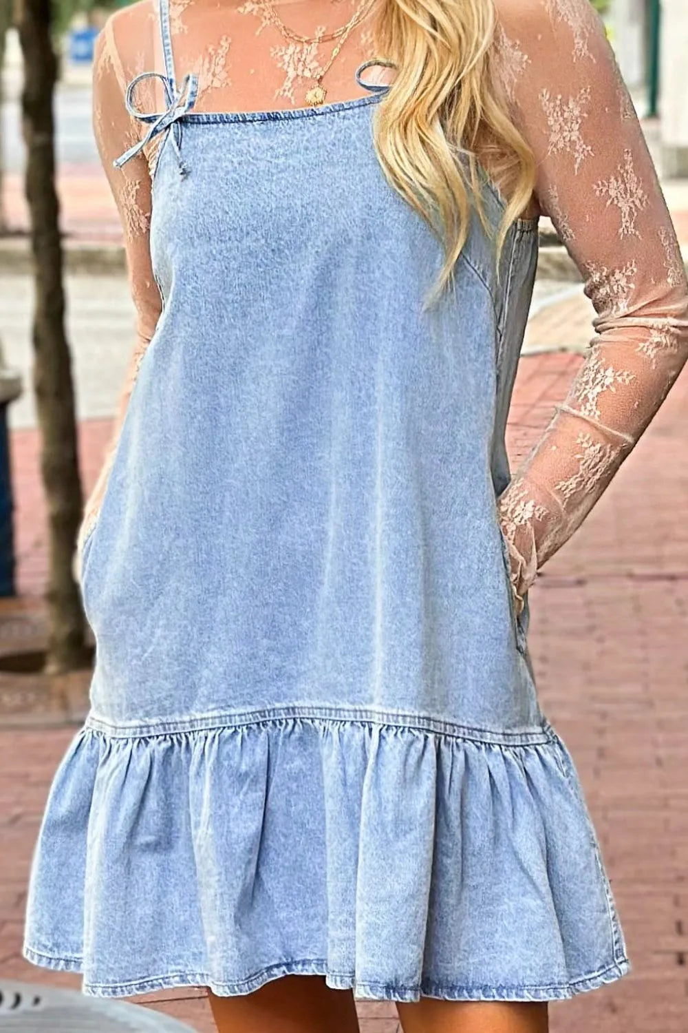 Bow Detail Spaghetti Straps Ruffle Hem Denim Dress.