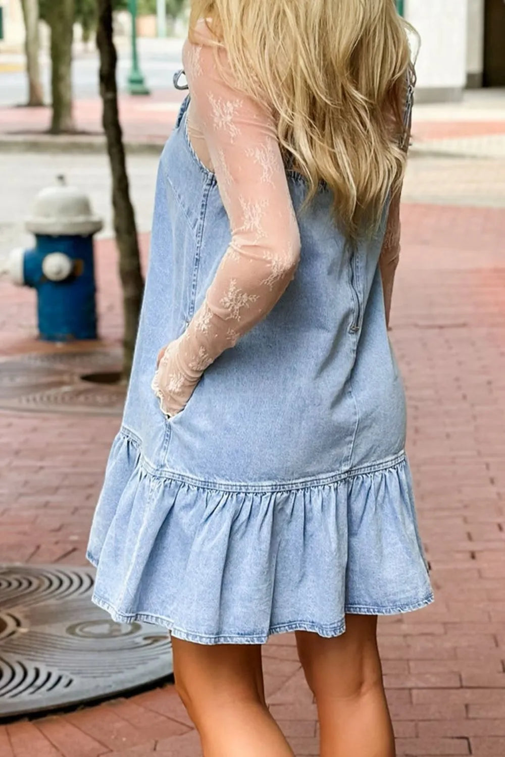 Bow Detail Spaghetti Straps Ruffle Hem Denim Dress.