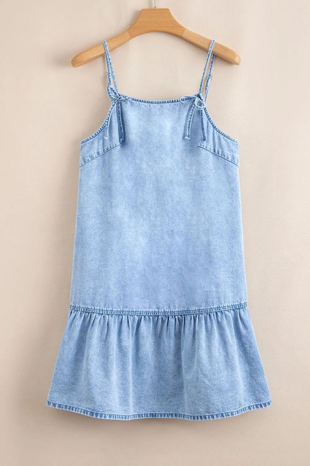 Bow Detail Spaghetti Straps Ruffle Hem Denim Dress.