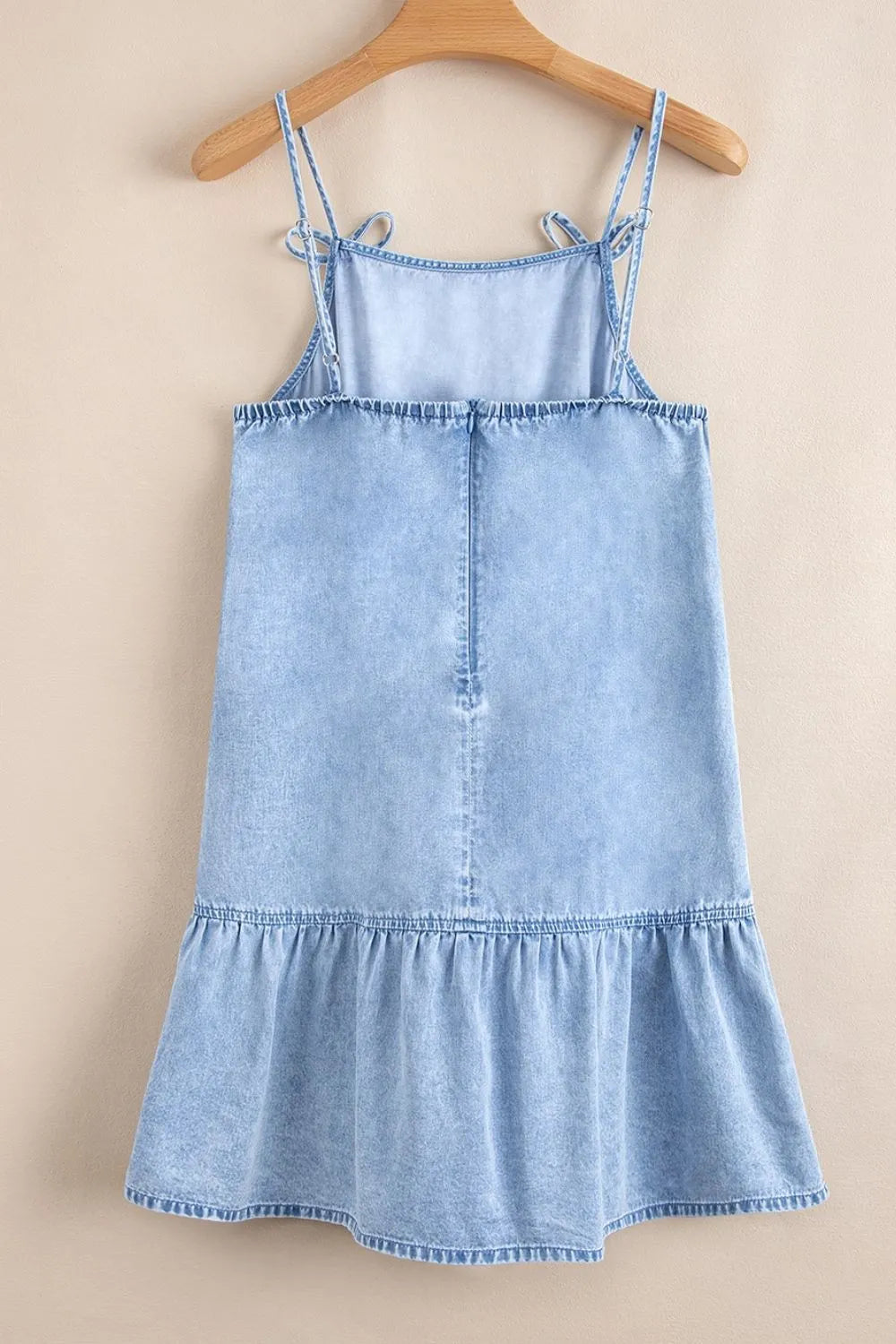 Bow Detail Spaghetti Straps Ruffle Hem Denim Dress.