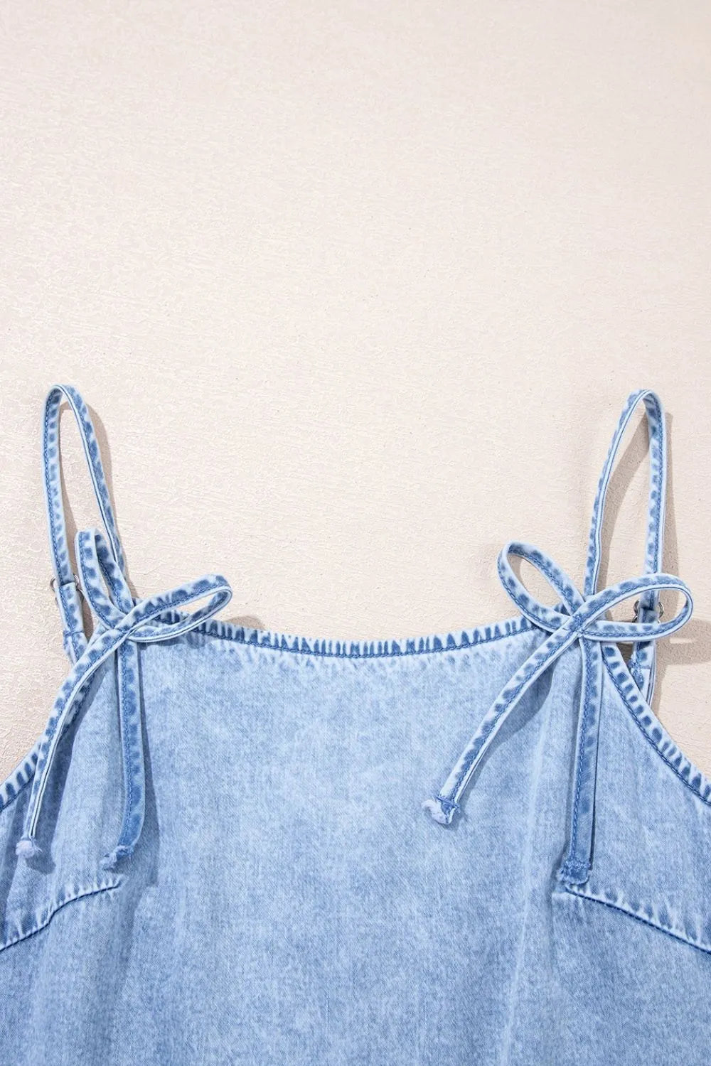 Bow Detail Spaghetti Straps Ruffle Hem Denim Dress.