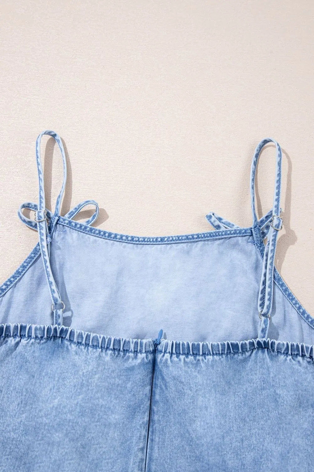 Bow Detail Spaghetti Straps Ruffle Hem Denim Dress.
