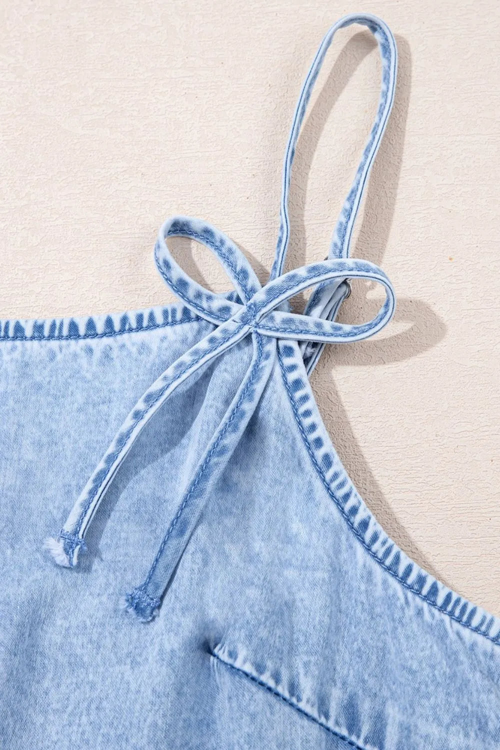 Bow Detail Spaghetti Straps Ruffle Hem Denim Dress.