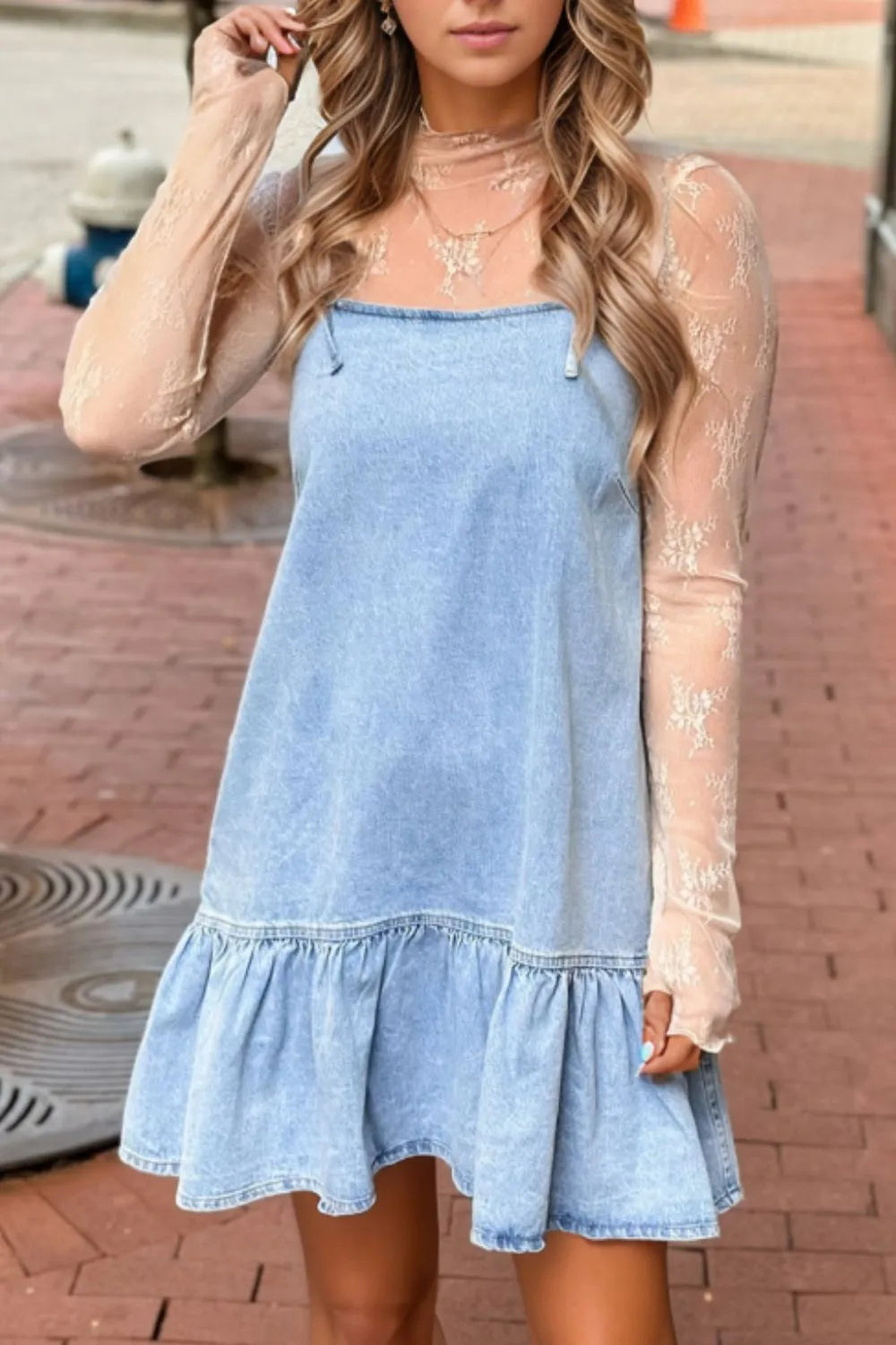 Bow Detail Spaghetti Straps Ruffle Hem Denim Dress.