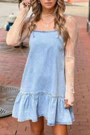 Bow Detail Spaghetti Straps Ruffle Hem Denim Dress.