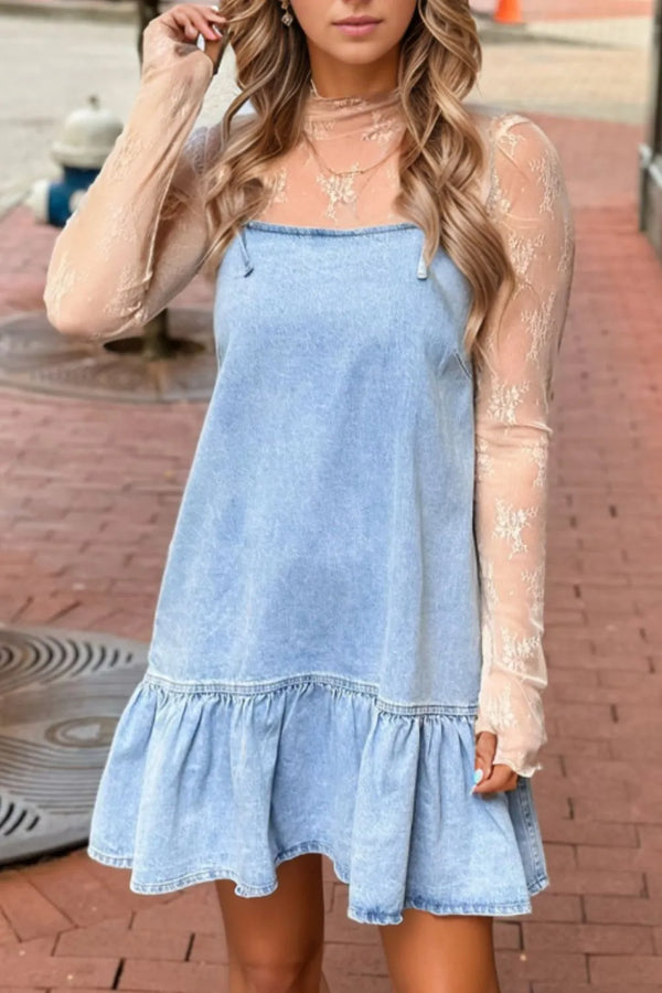 Bow Detail Spaghetti Straps Ruffle Hem Denim Dress.