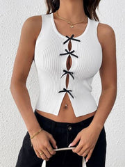 Round neck tank top with bow detail on the front.