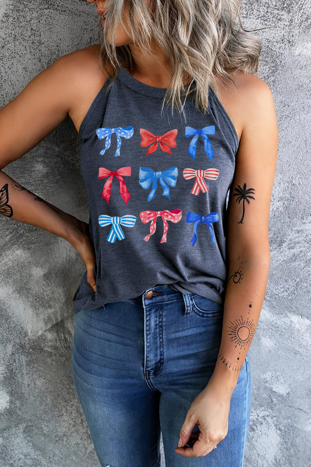 Round neck tank top with a bow graphic print.