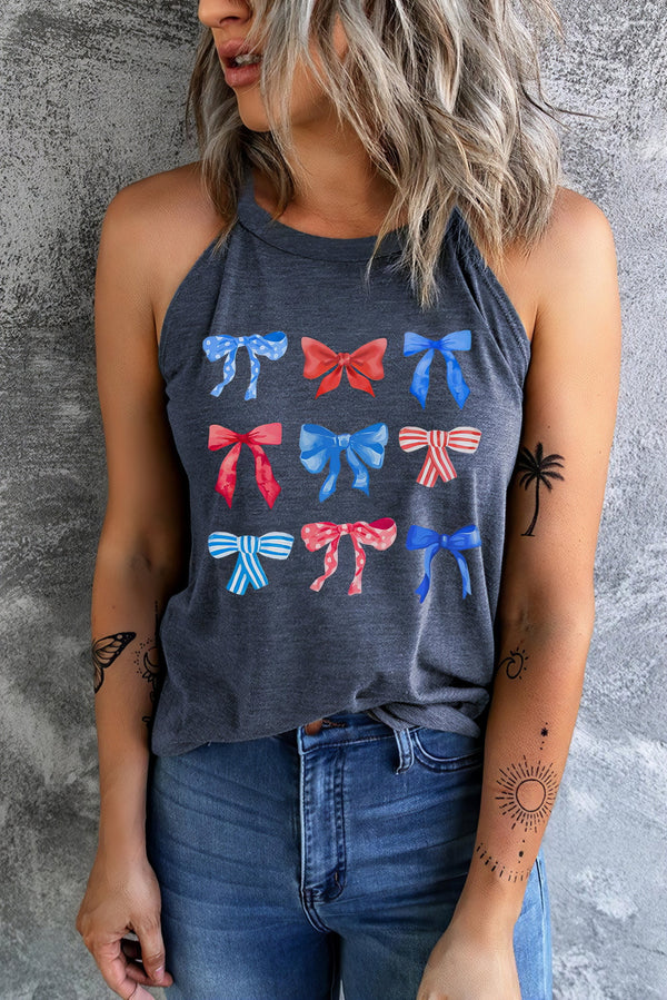 Round neck tank top with a bow graphic print.