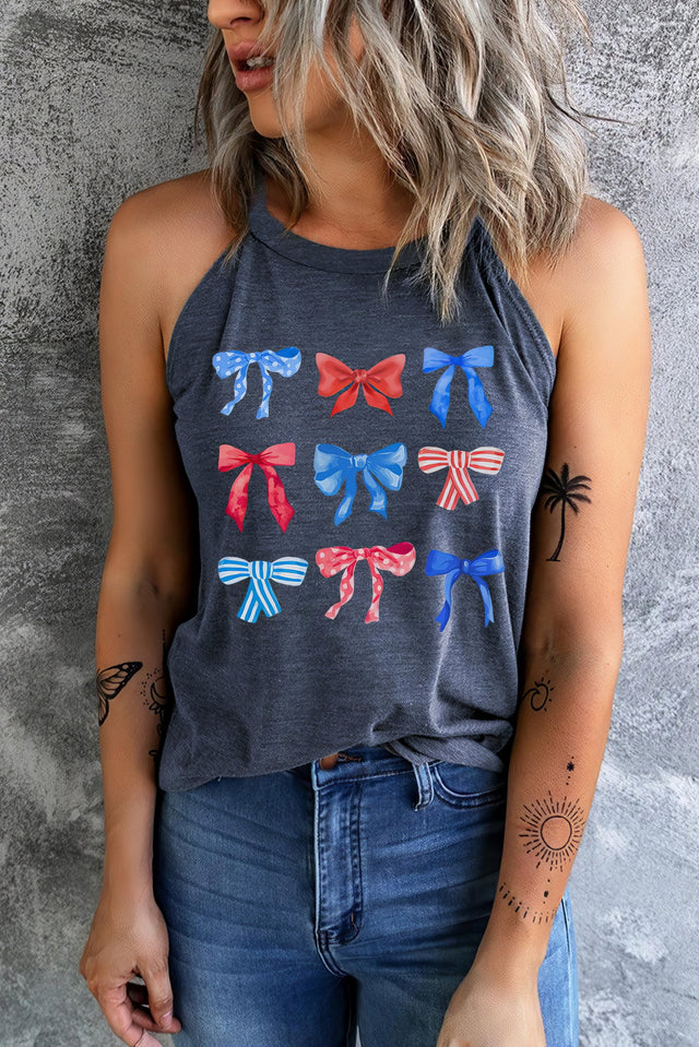 Round neck tank top with a bow graphic print.