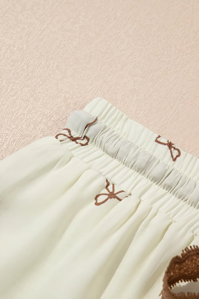 Women's bow print lace casual shorts with drawstring.
