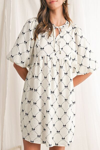 Bow Print Tie Neck Half Sleeve Dress.