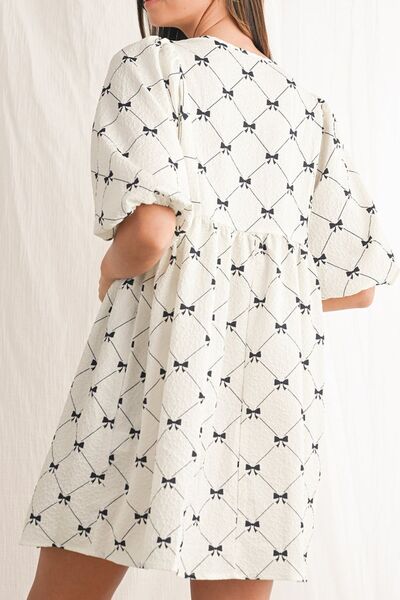 Bow Print Tie Neck Half Sleeve Dress.