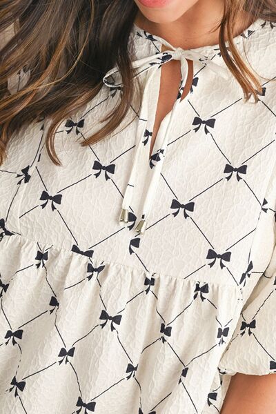 Bow Print Tie Neck Half Sleeve Dress.