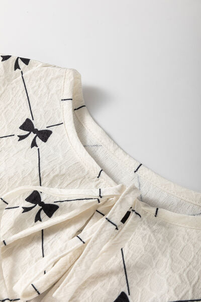 Bow Print Tie Neck Half Sleeve Dress.
