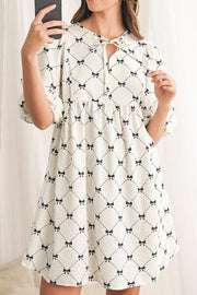Bow Print Tie Neck Half Sleeve Dress.
