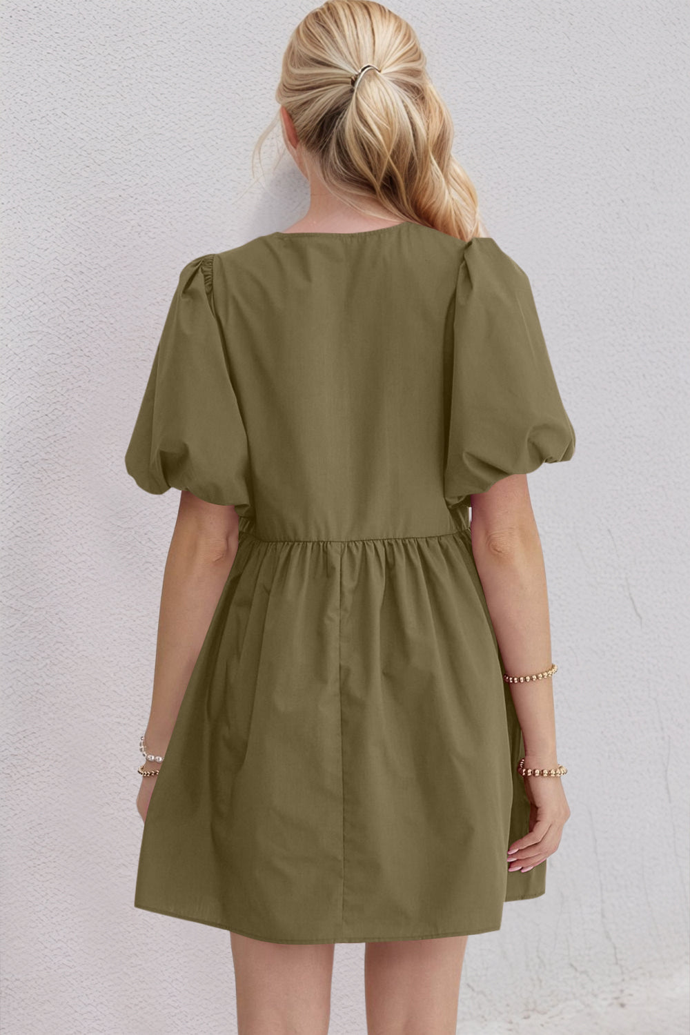 Oh Bow Ruched Puff Sleeve Mini Dress.