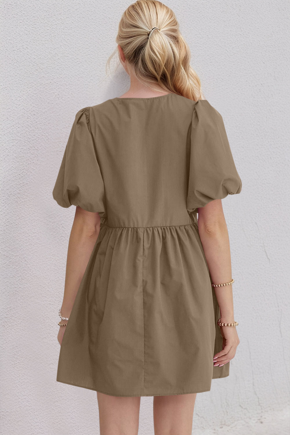 Oh Bow Ruched Puff Sleeve Mini Dress.