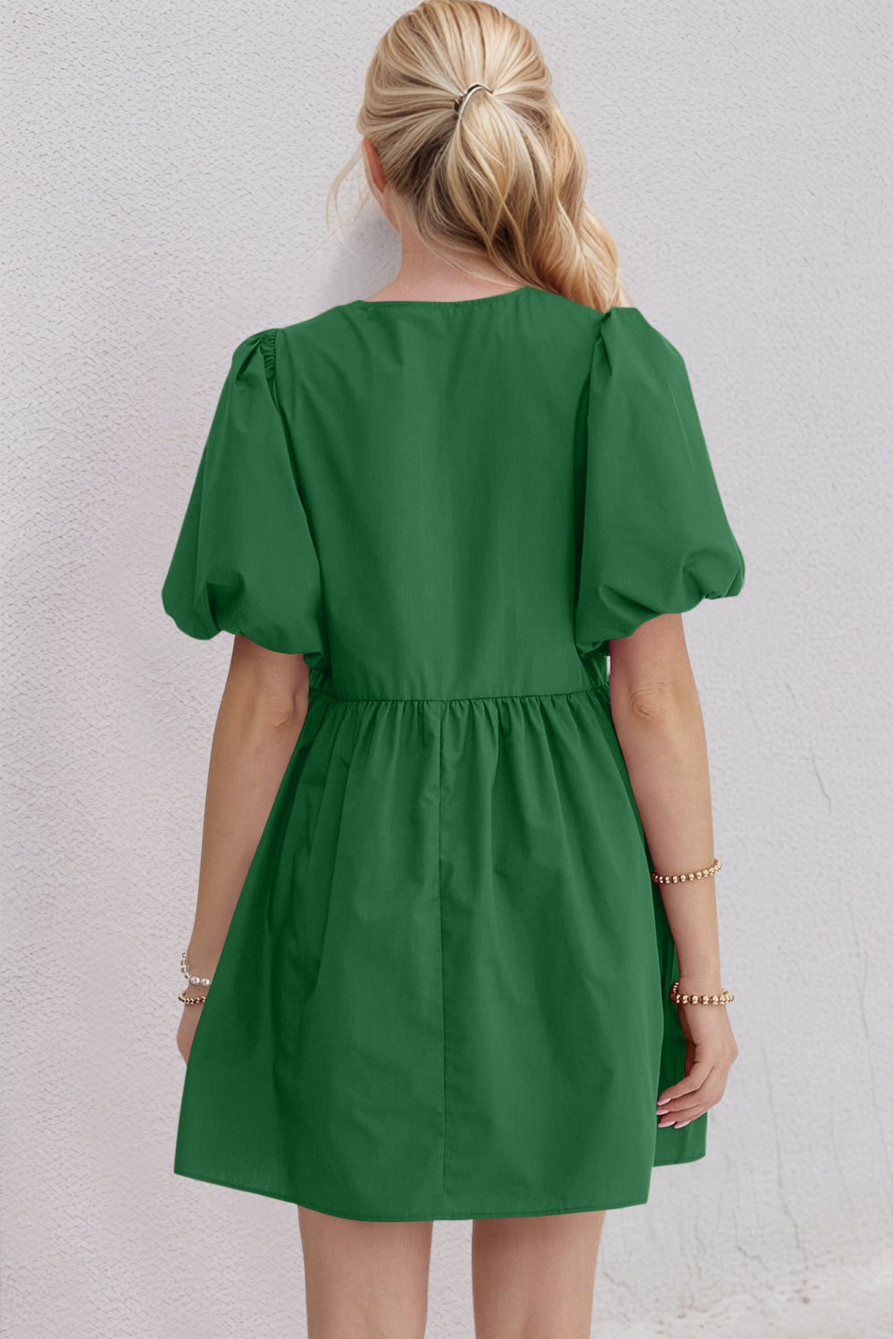 Oh Bow Ruched Puff Sleeve Mini Dress.