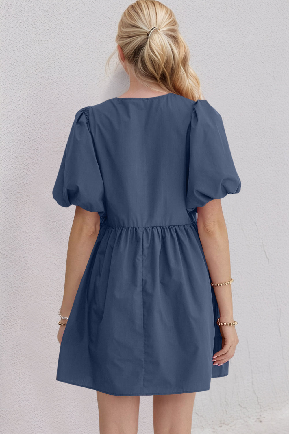 Oh Bow Ruched Puff Sleeve Mini Dress.