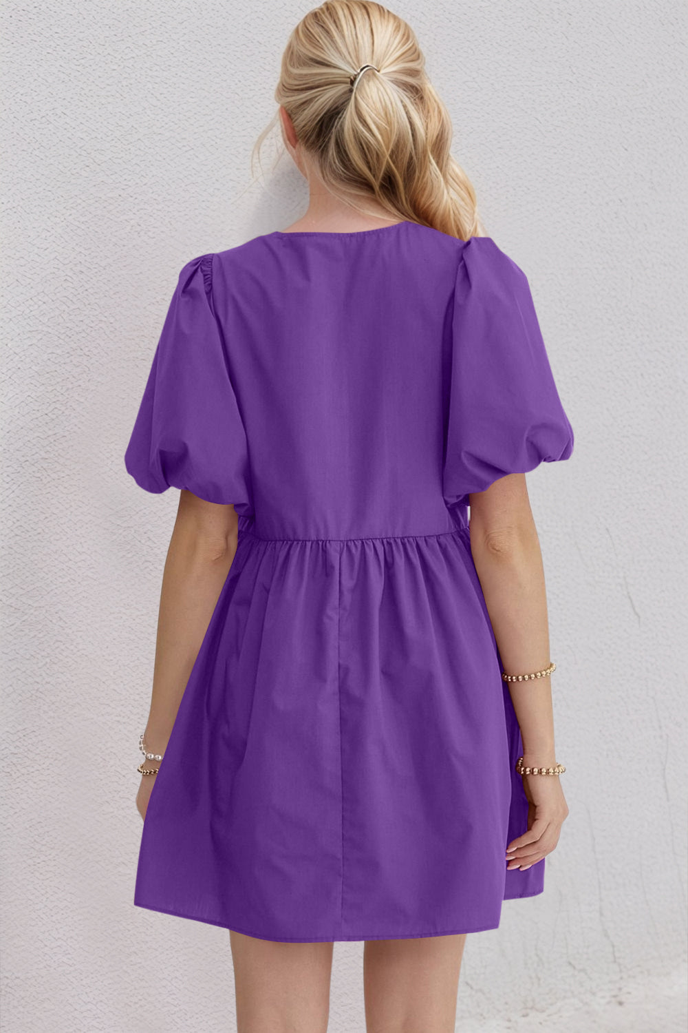 Oh Bow Ruched Puff Sleeve Mini Dress.