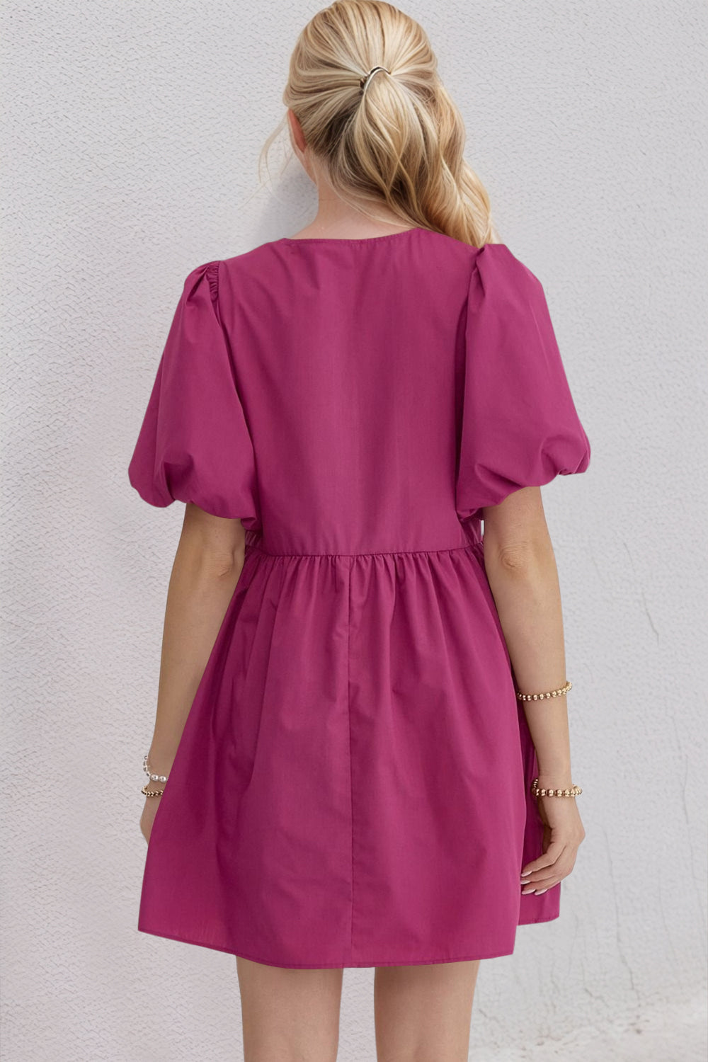 Oh Bow Ruched Puff Sleeve Mini Dress.