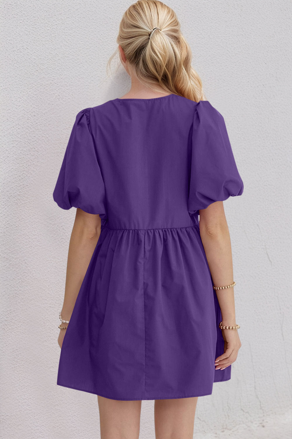 Oh Bow Ruched Puff Sleeve Mini Dress.