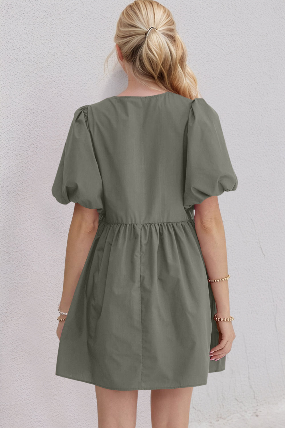 Oh Bow Ruched Puff Sleeve Mini Dress.