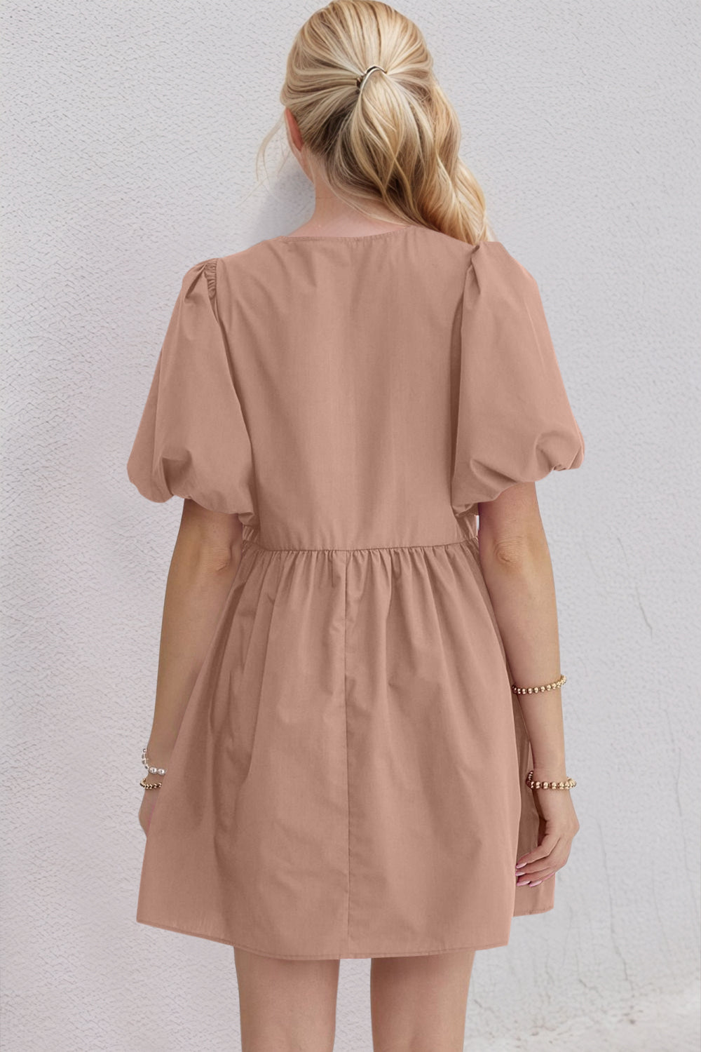 Oh Bow Ruched Puff Sleeve Mini Dress.