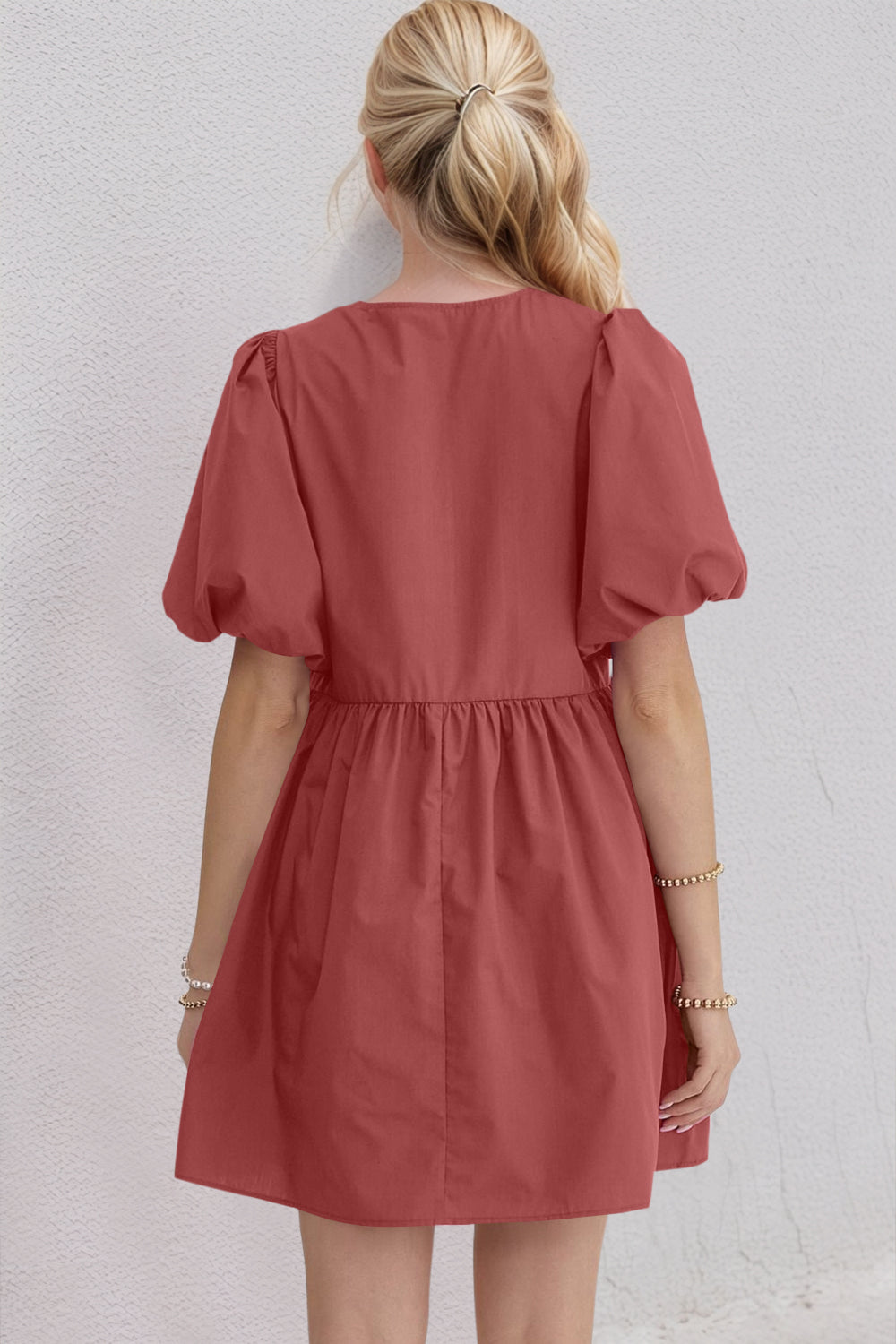 Oh Bow Ruched Puff Sleeve Mini Dress.