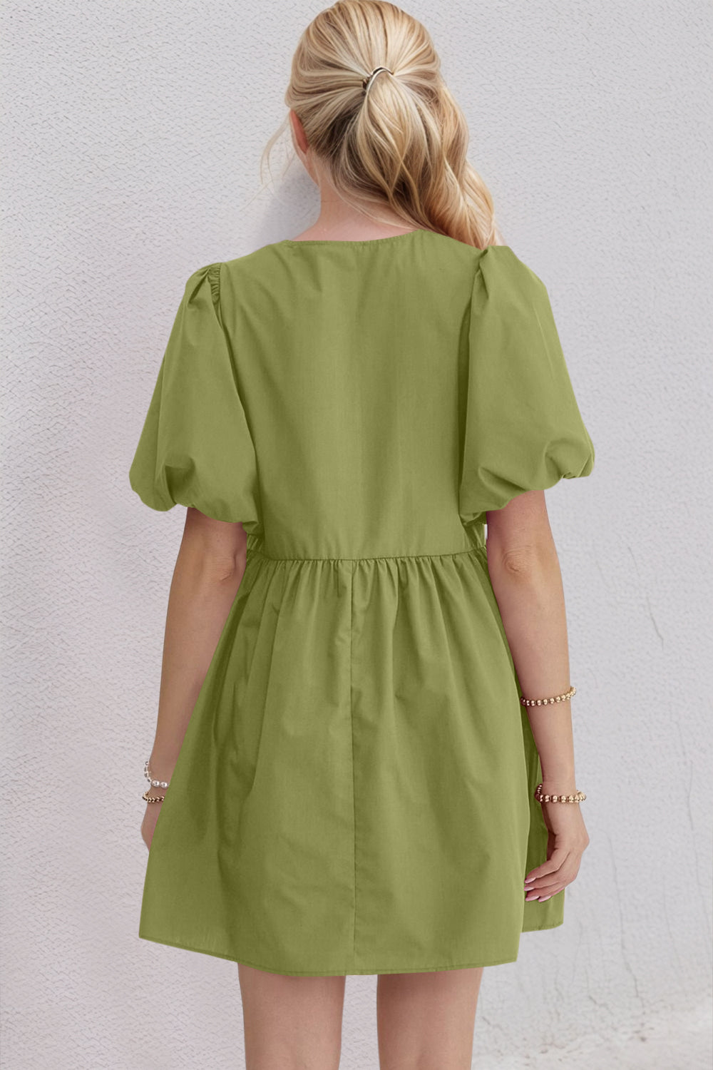Oh Bow Ruched Puff Sleeve Mini Dress.