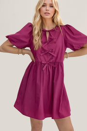 Oh Bow Ruched Puff Sleeve Mini Dress.