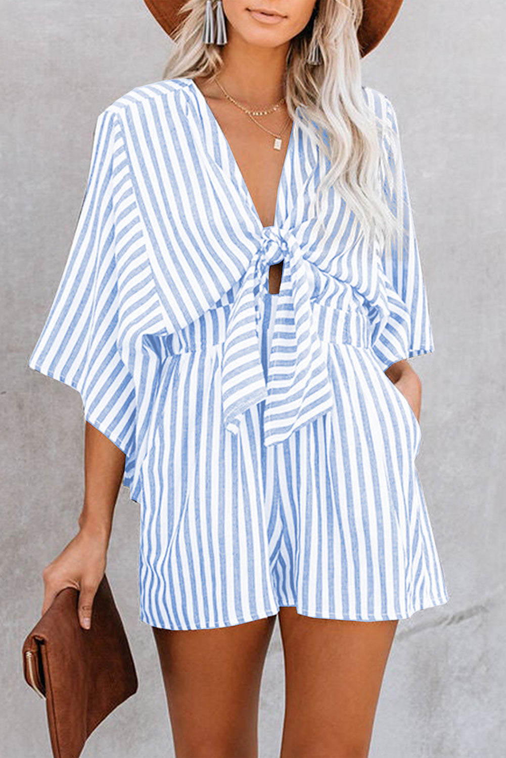 Bow Striped Kimono Sleeve Romper with Tie.