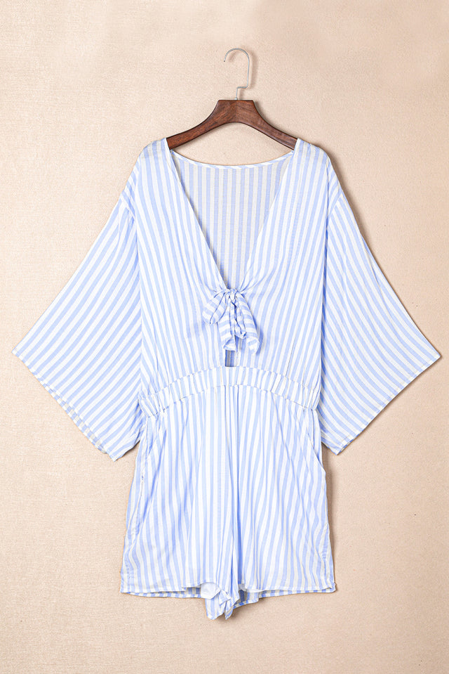 Bow Striped Kimono Sleeve Romper with Tie.