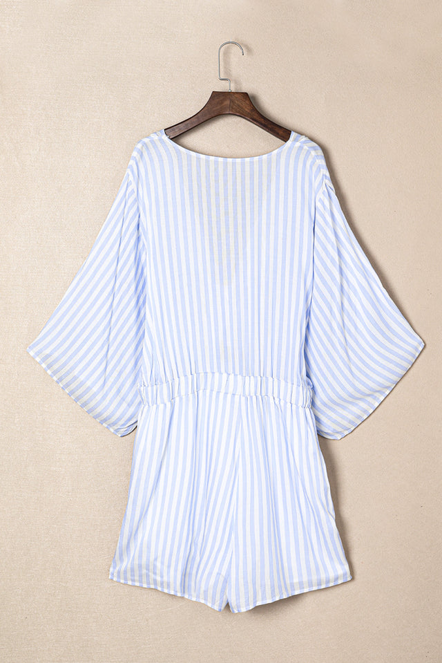 Bow Striped Kimono Sleeve Romper with Tie.