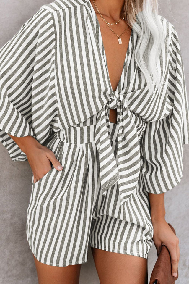 Bow Striped Kimono Sleeve Romper with Tie.