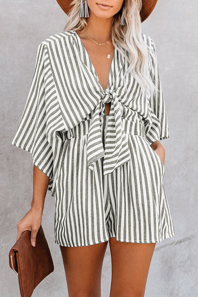 Bow Striped Kimono Sleeve Romper with Tie.