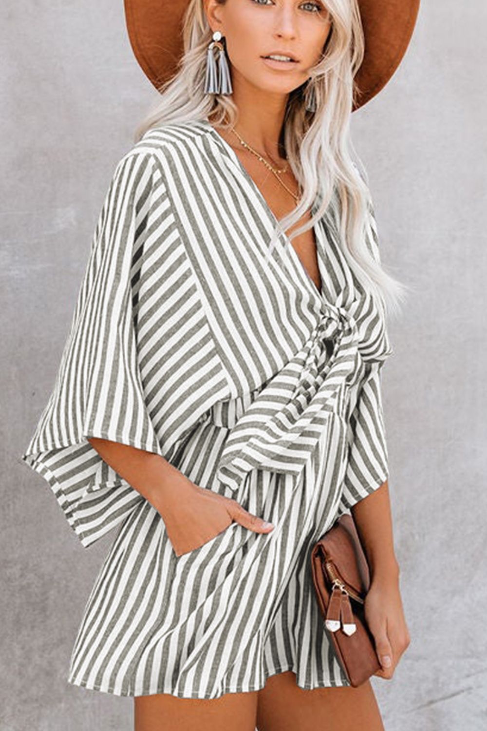Bow Striped Kimono Sleeve Romper with Tie.