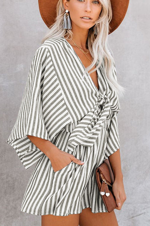 Bow Striped Kimono Sleeve Romper with Tie.