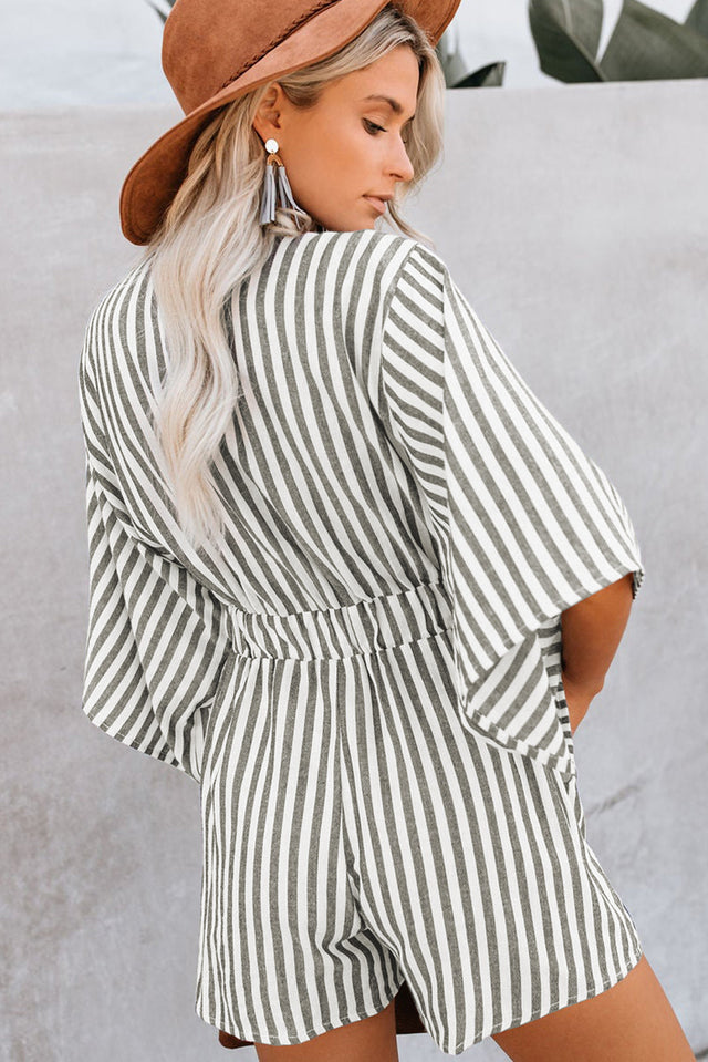 Bow Striped Kimono Sleeve Romper with Tie.
