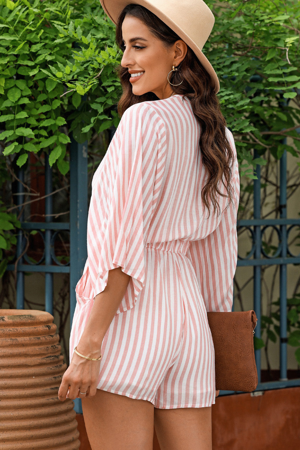 Bow Striped Kimono Sleeve Romper with Tie.